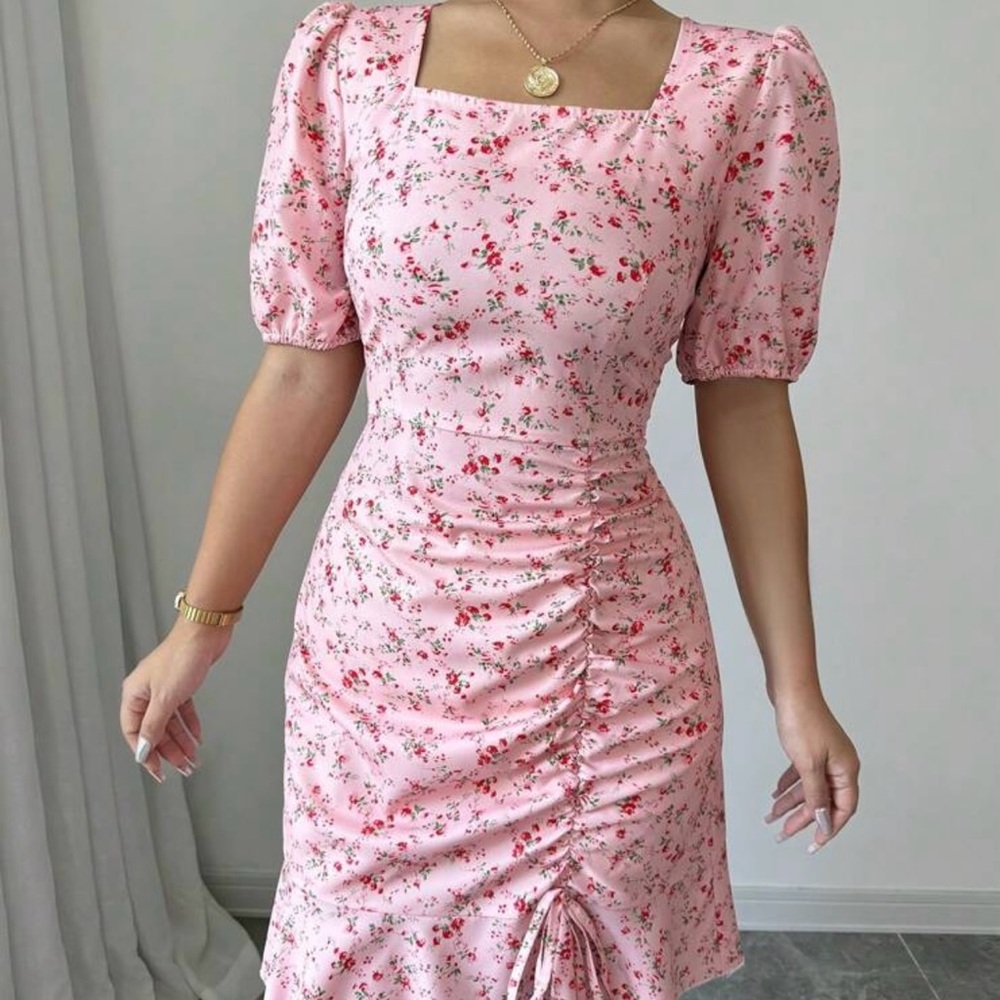 SHEIN Pink Ruched Ruffled Midi Dress with Puff Sleeves